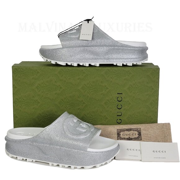 GUCCI SHOES MIAMI GG LOGO EMBOSSED GLITTERED RUBBER PLATFORM SLIDE sz 40 10 - Picture 4 of 15